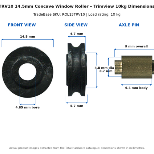 14.5mm concave window roller dimension diagram, Trimview – TradeBase ROL15TRV10