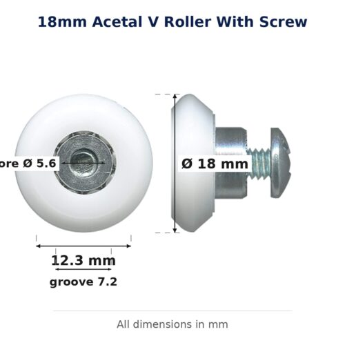 TradeBase 18mm V-Groove Sliding Door Roller – Acetal Screw 8kg dimensions: 18.0 mm outside diameter, 12.3 mm overall width, 7