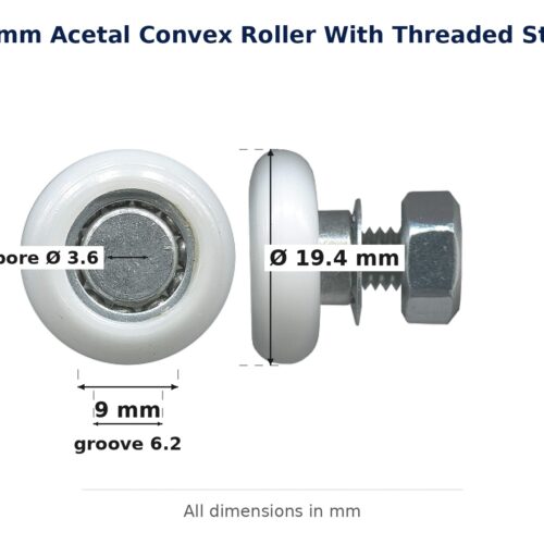TradeBase 19mm Convex Sliding Door Roller – Acetal Threaded Stud 12kg dimensions: 19.4 mm outside diameter, 9.0 mm overall wi