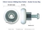 Dimensioned drawing of a 19mm convex acetal sliding door roller: 18.9mm outside diameter, 6mm wheel width, 9.5mm hub diameter, 6.3mm sleeve