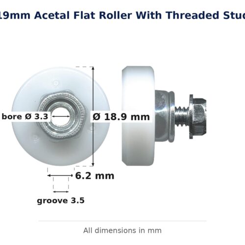 TradeBase 19mm Flat Sliding Door Roller – Acetal Threaded Stud 8kg dimensions: 18.9 mm outside diameter, 6.2 mm overall width