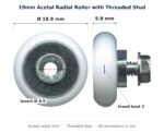 Dimensioned drawing of the 19mm radial sliding door roller: 19 x 19 x 9 mm, 19mm roller