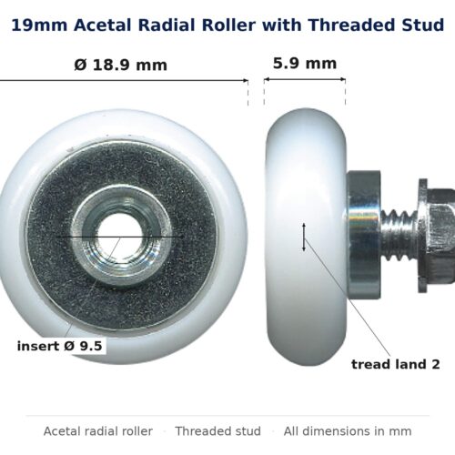 Dimensioned drawing of the 19mm radial sliding door roller: 19 x 19 x 9 mm, 19mm roller