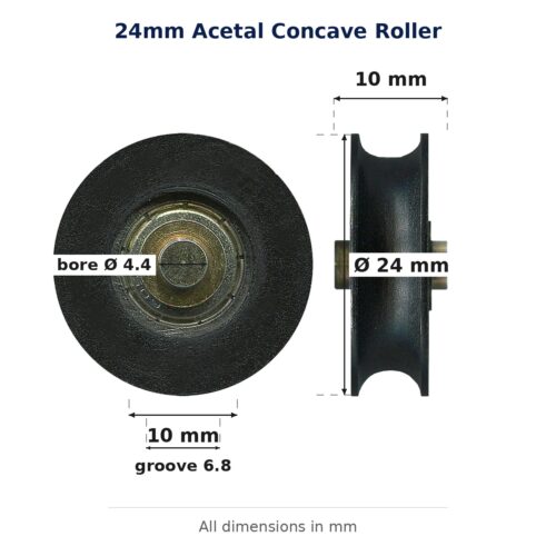 TradeBase 24mm Concave Sliding Door Roller – Acetal 12kg dimensions: 24.0 mm outside diameter, 10.0 mm overall width, 6.8 mm