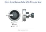 TradeBase 25mm Convex Sliding Door Roller – Acetal Threaded Stud 15kg dimensions: 25.1 mm outside diameter, 12.0 mm overall w