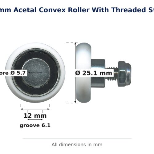 TradeBase 25mm Convex Sliding Door Roller – Acetal Threaded Stud 15kg dimensions: 25.1 mm outside diameter, 12.0 mm overall w