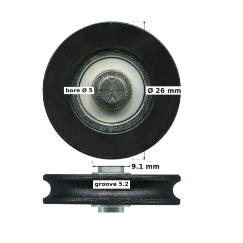 TradeBase 26mm Concave Sliding Door Roller – Nylon 15kg dimensions: 26.0 mm outside diameter, 9.1 mm overall width, 5.2 mm gr