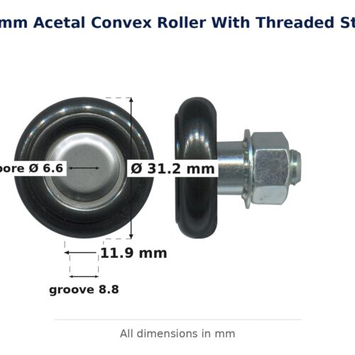TradeBase 31mm Convex Sliding Door Roller – Acetal Threaded Stud 30kg dimensions: 31.2 mm outside diameter, 11.9 mm overall w
