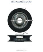 TradeBase 32mm Concave Sliding Door Roller – Acetal 15kg dimensions: 32.1 mm outside diameter, 9.6 mm overall width, 7.8 mm g