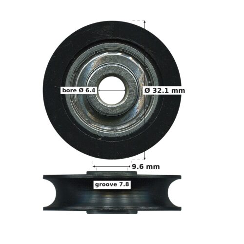 TradeBase 32mm Concave Sliding Door Roller – Acetal 15kg dimensions: 32.1 mm outside diameter, 9.6 mm overall width, 7.8 mm g