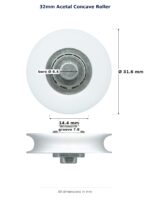 TradeBase 32mm Concave Sliding Door Roller – Acetal 25kg dimensions: 31.6 mm outside diameter, 14.4 mm overall width, 7.6 mm
