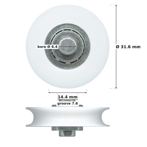 TradeBase 32mm Concave Sliding Door Roller – Acetal 25kg dimensions: 31.6 mm outside diameter, 14.4 mm overall width, 7.6 mm