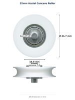 TradeBase 32mm Concave Sliding Door Roller – Acetal 25kg dimensions: 31.7 mm outside diameter, 15.6 mm overall width, 7.4 mm