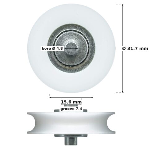 TradeBase 32mm Concave Sliding Door Roller – Acetal 25kg dimensions: 31.7 mm outside diameter, 15.6 mm overall width, 7.4 mm