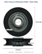 Dimensioned drawing of a 32mm concave nylon sliding door roller: 32mm outside diameter, 9.6mm overall width, 8mm groove width, 6.4mm bore