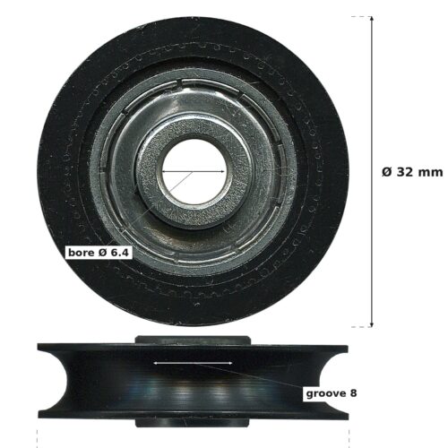 Dimensioned drawing of a 32mm concave nylon sliding door roller: 32mm outside diameter, 9.6mm overall width, 8mm groove width, 6.4mm bore
