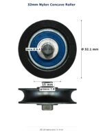 TradeBase 32mm Concave Sliding Door Roller – Nylon 40kg dimensions: 32.1 mm outside diameter, 15.0 mm overall width, 7.8 mm g