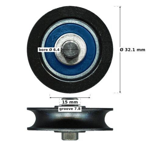 TradeBase 32mm Concave Sliding Door Roller – Nylon 40kg dimensions: 32.1 mm outside diameter, 15.0 mm overall width, 7.8 mm g
