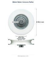 TradeBase 36mm Concave Sliding Door Roller – Nylon 25kg dimensions: 36.1 mm outside diameter, 14.6 mm overall width, 7.9 mm g