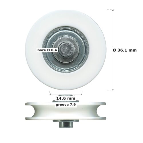 TradeBase 36mm Concave Sliding Door Roller – Nylon 25kg dimensions: 36.1 mm outside diameter, 14.6 mm overall width, 7.9 mm g