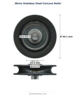 TradeBase 36mm Concave Sliding Door Roller – Stainless steel 40kg dimensions: 36.1 mm outside diameter, 14.5 mm overall width
