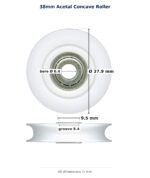 TradeBase 38mm Concave Sliding Door Roller – Acetal 35kg dimensions: 37.9 mm outside diameter, 9.5 mm overall width, 8.4 mm g