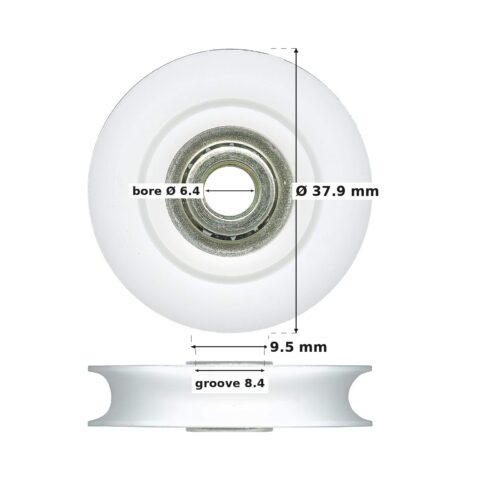 TradeBase 38mm Concave Sliding Door Roller – Acetal 35kg dimensions: 37.9 mm outside diameter, 9.5 mm overall width, 8.4 mm g