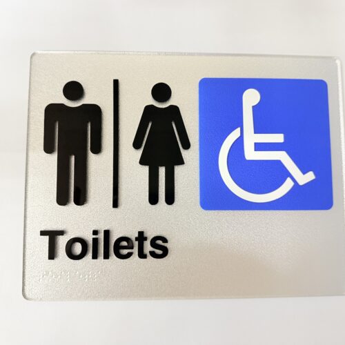 Silver Braille toilet sign with Male, Female and Accessible pictograms, 235 x 180mm