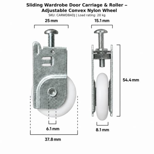 sliding wardrobe door carriage convex nylon roller dimension diagram, 20kg – TradeBase CARWDBADJ