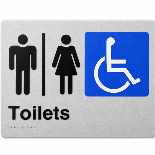 Braille and tactile Male, Female and Accessible toilet sign, AS 1428.1 compliant, 235 x 180mm