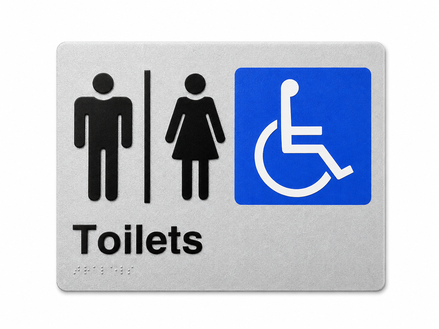Braille & Tactile Toilet Sign – Male, Female & Accessible – AS 1428.1 Braille and tactile Male, Female and Accessible toilet sign, AS 1428.1 compliant, 235 x 180mm