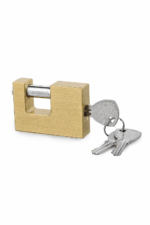 Solid brass rectangular padlock with hardened steel shackle and brushed brass body for sheds, gates and shipping containers
