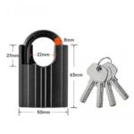 TradeBase 50mm black shrouded iron padlock dimensions in mm - 50mm body, 63mm height, 22mm shackle opening, 8mm shackle