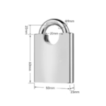 TradeBase 50mm stainless steel closed shackle padlock dimensions in mm - 50mm body, 60mm height, 23mm depth, 9mm shackle