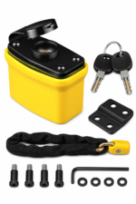 Rubber-coated covered curved padlock with long chrome-plated shackle for weatherproof outdoor gate and shed security