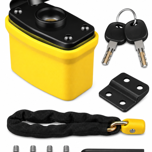 Rubber-coated covered curved padlock with long chrome-plated shackle for weatherproof outdoor gate and shed security