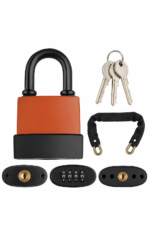 60mm black anti-prying disc padlock with shrouded shackle and weather cover for roller shutters, garages and gates