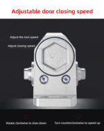 Door closer speed adjustment valves — clockwise to slow closing, counter-clockwise to speed up