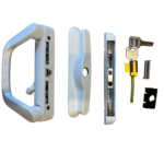 White sliding patio door lock components – handle, keeper, keyed cylinder and fixings
