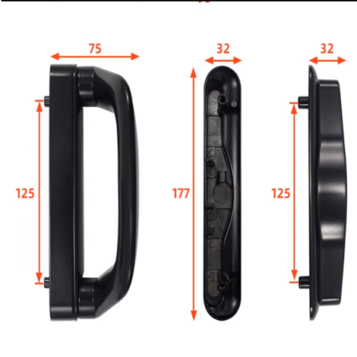Black sliding patio door lock dimensions – 177mm handle, 125mm hole centres, 75mm and 32mm widths