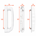 White sliding patio door lock dimensions – 177mm handle, 125mm hole centres, 75mm and 32mm widths