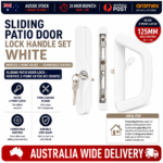 White sliding patio door lock handle set – Aussie stock, keyed 2-point latch, 125mm hole centres, Australia-wide delivery