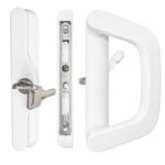 White sliding patio door lock handle set with keyed cylinder and two keys, 177mm handle, 125mm hole centres