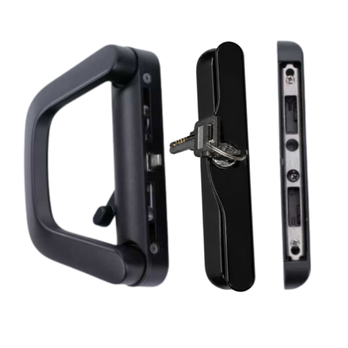 Black sliding patio door lock handle set with keyed cylinder and two keys, 177mm handle, 125mm hole centres