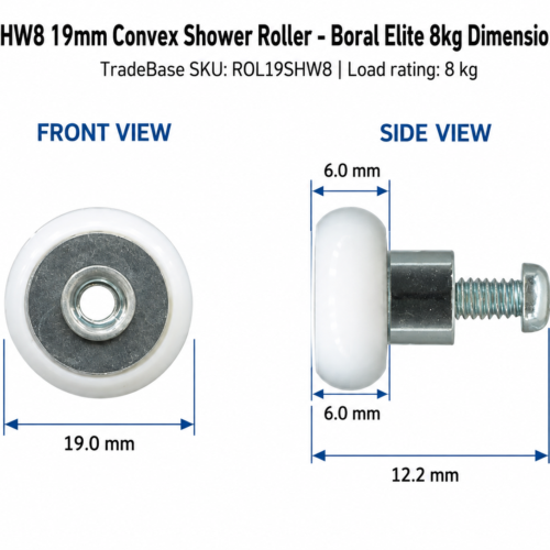 19mm convex shower roller dimension diagram in mm, Boral Elite – TradeBase ROL19SHW8