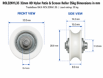 32mm heavy duty nylon patio and screen roller dimension diagram in mm – TradeBase ROL32NYL35