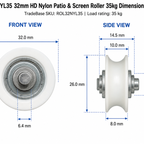 32mm heavy duty nylon patio and screen roller dimension diagram in mm – TradeBase ROL32NYL35