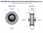 32mm stainless steel patio and screen roller dimension diagram in mm – TradeBase ROL32SS35