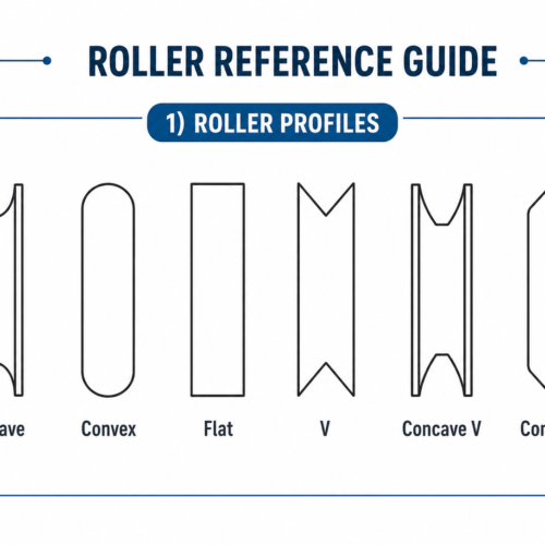 TradeBase roller profile reference guide comparing concave, convex, flat, V, concave V and convex V roller wheel shapes