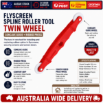 Flyscreen spline roller tool twin wheel feature graphic showing concave guide wheel, convex ribbed press wheel and specifications
